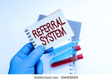 Text Sign Showing Referral System. Word For Sending Own Patient To Another Physician For Treatment Writing Important Medical Notes Laboratory Testing Of New Virus Medicine