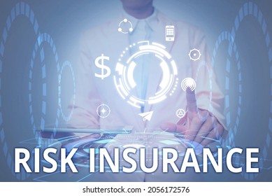 Text Sign Showing Risk Insurance. Business Showcase The Possibility Of Loss Damage Against The Liability Coverage Lady In Uniform Holding Tablet In Hand Virtually Tapping Futuristic Tech.