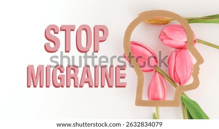Text STOP MIGRAINE, Migraine Headache head pain diseases simptome Medication, Medical Healthcare concept banner.