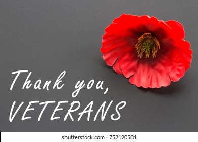 The Text Thank You Veterans Written In A Chalkboard And Red Poppy On A Rustic Wooden Background.