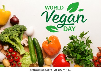 Text WORLD VEGAN DAY and many vegetables on white background  - Powered by Shutterstock