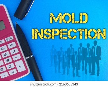 Text Written Mold Inspection With Calculator And Pen On Blue Background 