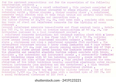 Text written on an old typewriter. It is part of a resume of a civil engineer who has worked in the sixties in South America. Meant as text background 