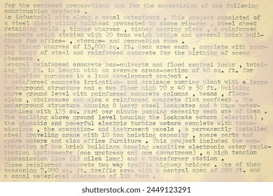 Text written on an old typewriter, yellowed and partly blurred. It is part of a resume of a civil engineer who has worked in the sixties in South America. Meant as text background 
