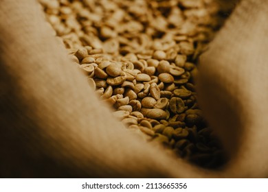 textile bag full of green coffee beans in roastery facility