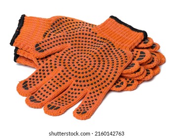 Textile orange work gloves on a white background. Protective clothing for manual workers - Shutterstock ID 2160142763