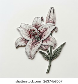 Textile patch in the form of a lily flower on a white background