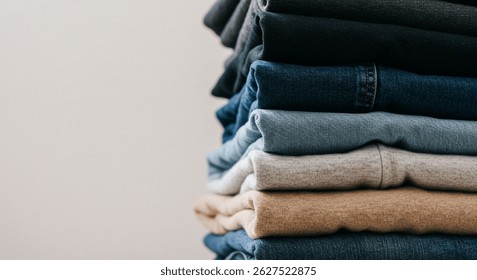 Textural close-up of a neatly folded stack of casual clothing, featuring diverse colors like blue denim, grey, and brown, against a soft background.
