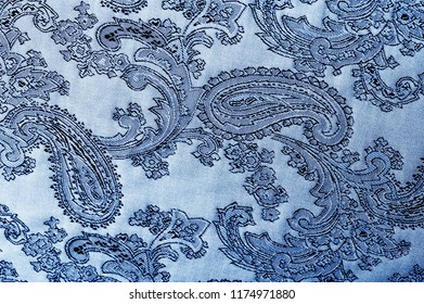 Texture, Background, Dark Blue, Navy Blue, Sapphirine,  Blushful Fabric With A Paisley Pattern. Based On Traditional Asian Elements