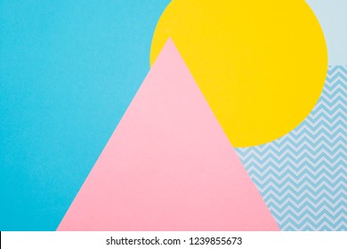 Texture background of fashion blue, yellow and purple papers in memphis geometry style. Flat lay, Top view. 80s or 90s concept  - Shutterstock ID 1239855673
