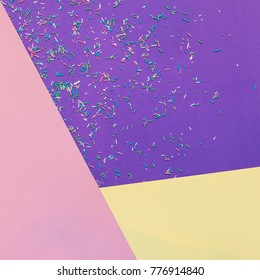 Texture Background Of Fashion Ultra Violet, Pink And Yellow Colors With Confetti.minimal Concept. Flat Lay, Top View. 