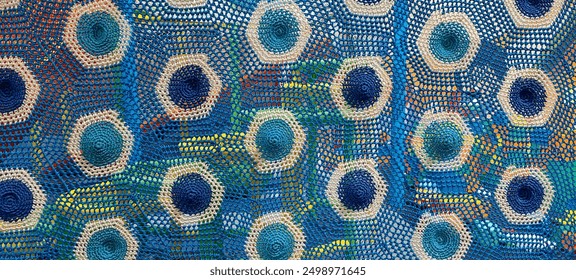 Texture background with a hexagon pattern made of woven thread, shades of blue