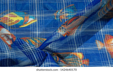 texture, background, pattern, collection, navy-colored silk fabric, fish from a coral reef, joyful and fun with this fabric. Art, Dress, Design, Children's Art