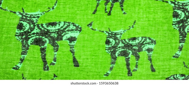 Texture, Background, Pattern, Decor, Art Nouveau, Textile, Art, Design, Green cotton fabric with a print of deer silhouettes, Modern futuristic art,