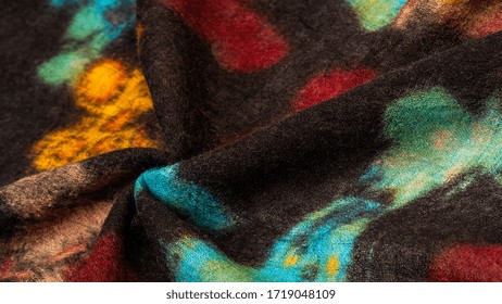 Texture, background, pattern, decor, modern, textile, art, design, black woolen fabric with colorful butterfly print