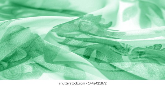 Texture Background, Pattern, Wallpaper. White Silk Fabric, Green Print. This Silk Lightweight Fabric With A Print Is Perfect For Your Projects, Internet Decor. Colors Include Beige Green And Red.