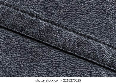 Texture Of Black Leather Stitched Diagonally With Double Stitching