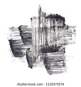 Texture of black mascara for eyelashes isolated on white background. Smear of black mascara for eyelashes on white background. Black mascara smears on white background