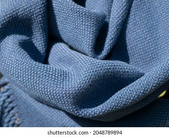 Texture Of The Blue Homemade Cloth. Fiber And Fabric Structure. Surface Of The Shawl Or Blanket Woven Fabric