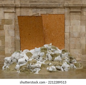 Texture Of Broken Barricade Wall Made Of White Sandbags For War Purposes. Defense Concept Background Bags To Strengthen The Defensive Structure During The Battle.