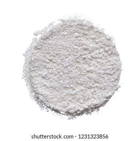 Texture of broken pearl white eye shadow isolated on white background. Macro texture of broken white powder
