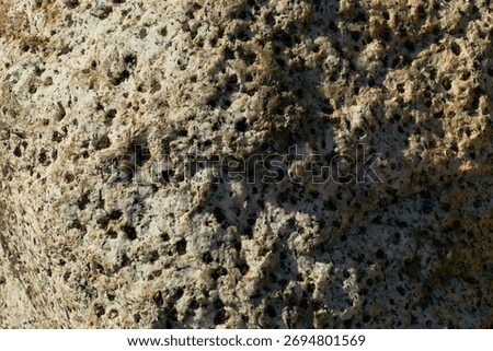 The texture of a brown stone with a rough, bumps, holes, uneven surface and variations in light and dark.