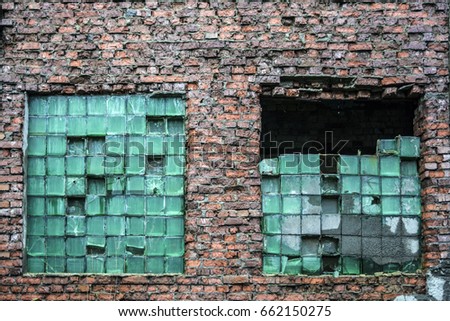 Texture of bulletproof glass on red brick wall for 3d modellers, designers and game developers