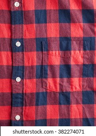 Texture Of Checkered Flannel Shirt With Buttons And Pocket