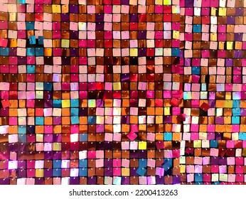 Texture Of Color Pearlescent Sequins, Macro Photo, Background From Pigeons Sequins. Colored Background Made Of Squares, Multi-colored Square Glossy Sequins