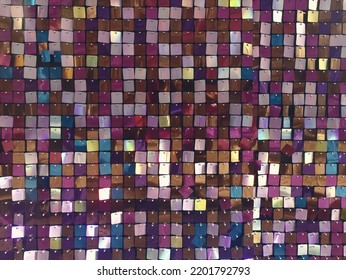 Texture Of Color Pearlescent Sequins, Macro Photo, Background From Pigeons Sequins. Colored Background Made Of Squares, Multi-colored Square Glossy Sequins