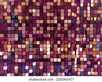 Texture Of Color Pearlescent Sequins, Macro Photo, Background From Pigeons Sequins. Colored Background Made Of Squares, Multi-colored Square Glossy Sequins