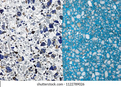 Texture and colorful paints with small pebbles. Old blue and gray cement wall texture grunge background.