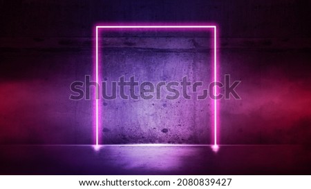 Texture for display products wall. Scene product. Frame with blue colored lights. Background rough concrete with neon lights. 