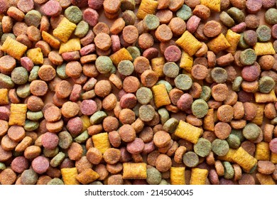 Texture Of Dry Cat Food. Crispy Pads In Different Colors. Animal Food. Flat Lay. Top View.