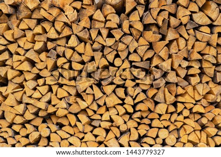 Texture of an end face of wooden firewood in a stack for a background or for wallpaper.