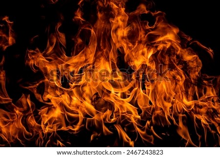 Texture of fire on a black background. Abstract fire flame background, large burning fire.