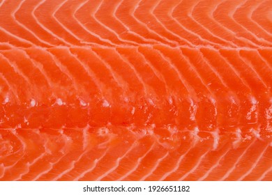 Texture Of Fish Flesh Of Chilled Salmon Fillet, Top View Close-up, Background 
