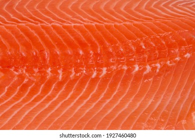 Texture Of Fish Flesh Of Chilled Salmon Fillet, Top View Close-up, Background 
