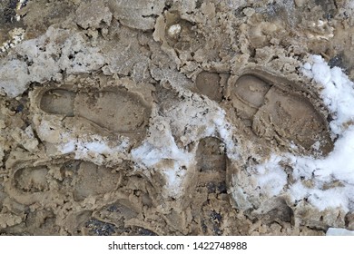 Texture. Footprint Of Shoes In Muddy Slushy Snow.