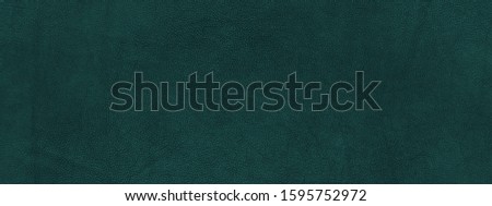 Texture of green leather material, panoramic view, dark background