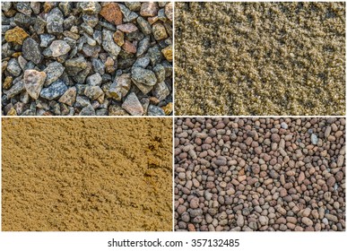 Texture loose materials: crushed stone (granite gravel), river sand, quarry sand (ravine sand),expanded clay aggregate (expanded clay gravel). - Shutterstock ID 357132485