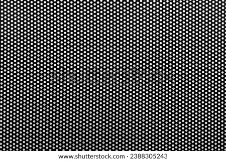 Texture of metal black mesh with round holes on a white background. Background made of metal perforated mesh