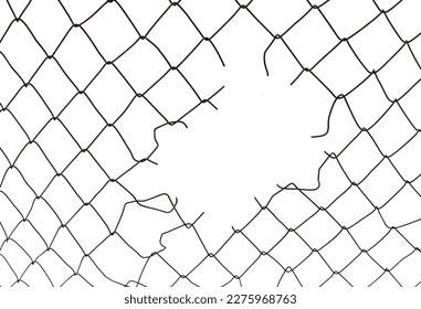 The texture of the metal mesh. Torn, destroyed, broken metal mesh on a white background.  grid