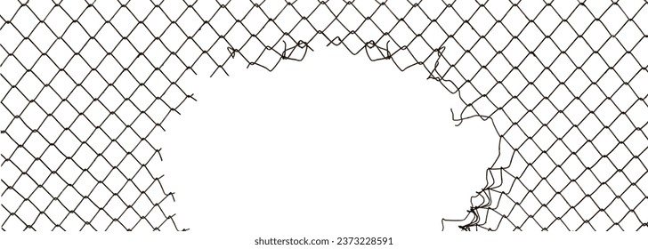 The texture of the metal mesh. Torn, destroyed, broken metal mesh on a white background