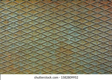 Texture Of Metal Plate With Embossed Diamond Pattern. Rustic Iron Metal Floor With Rhombs