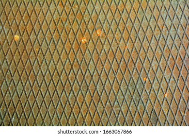 Texture Of Metal Plate With Embossed Diamond Pattern. Rustic Iron Metal Floor With Rhombs