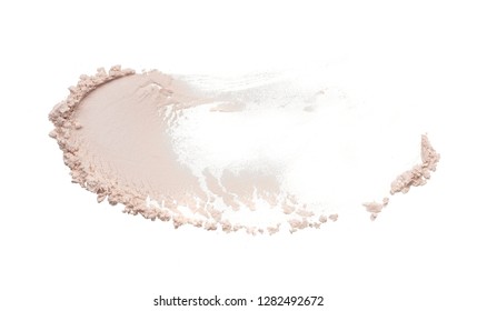 Texture of pearl white eye shadow isolated on white background. Macro texture of broken white powder