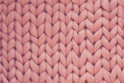 Texture Of Pink Big Knit Blanket. Large Knitting. Plaid Merino Wool. Top View