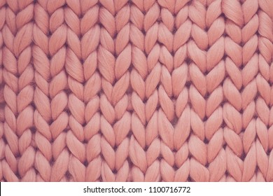 Texture Of Pink Big Knit Blanket. Large Knitting. Plaid Merino Wool. Top View