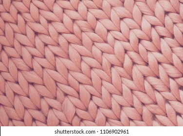 Texture Of Pink Big Knit Blanket. Large Knitting. Plaid Merino Wool. Top View